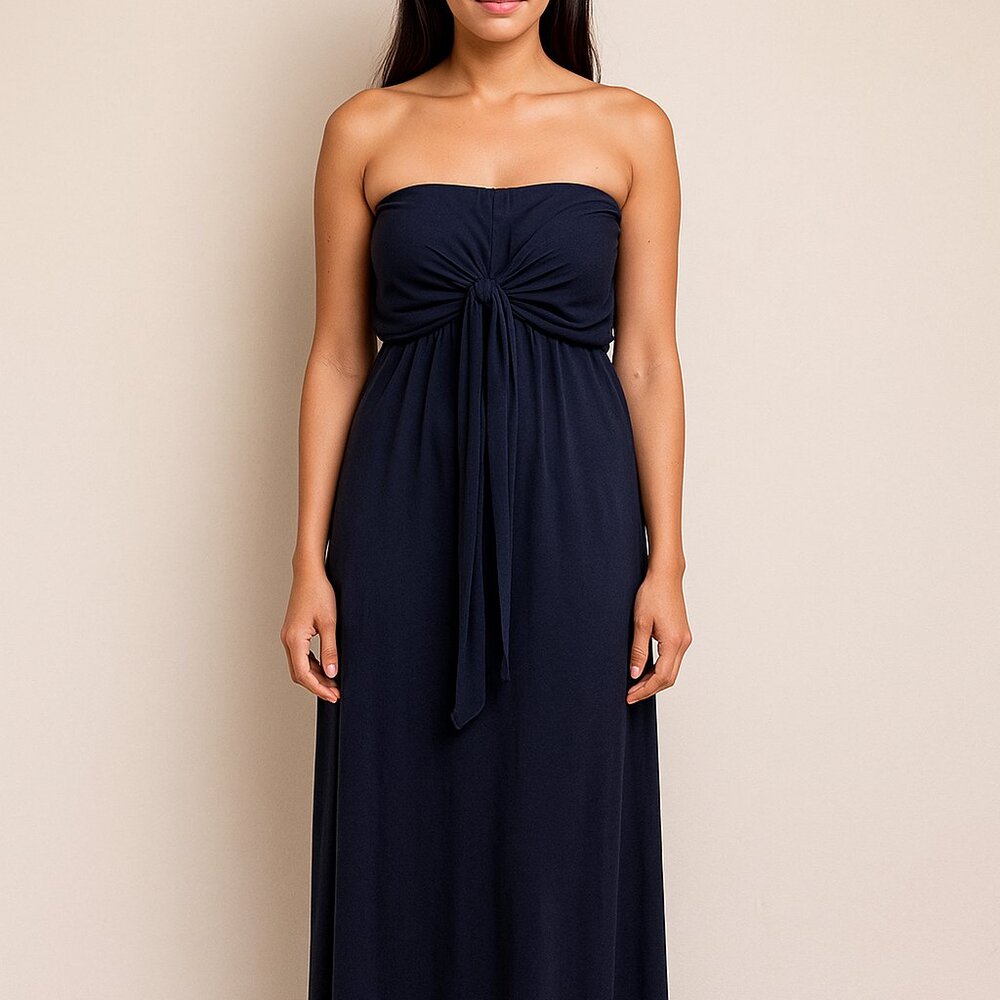 Boden Strapless Maxi Dress Womens Medium Navy Smocked Front Tie Day to Night